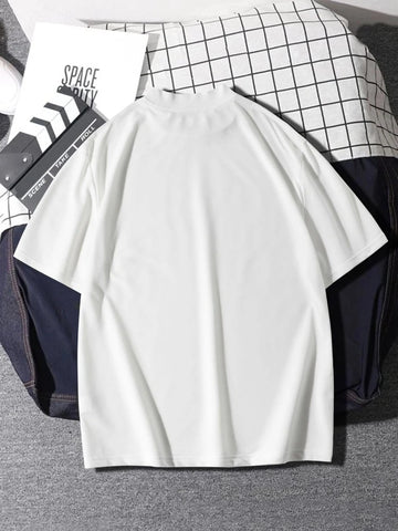 Mens Mock Neck Cotton Printed T-Shirt - GRMPR49 - White