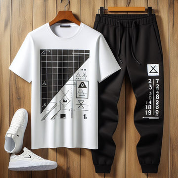 Mens Printed T-Shirt and Pants Co Ord Set GMCSPRTP3 - White Black