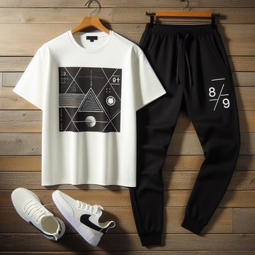 Mens Printed T-Shirt and Pants Co Ord Set GMCSPRTP4 - White Black