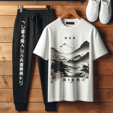 Mens Printed T-Shirt and Pants Co Ord Set GMCSPRTP5 - White Black