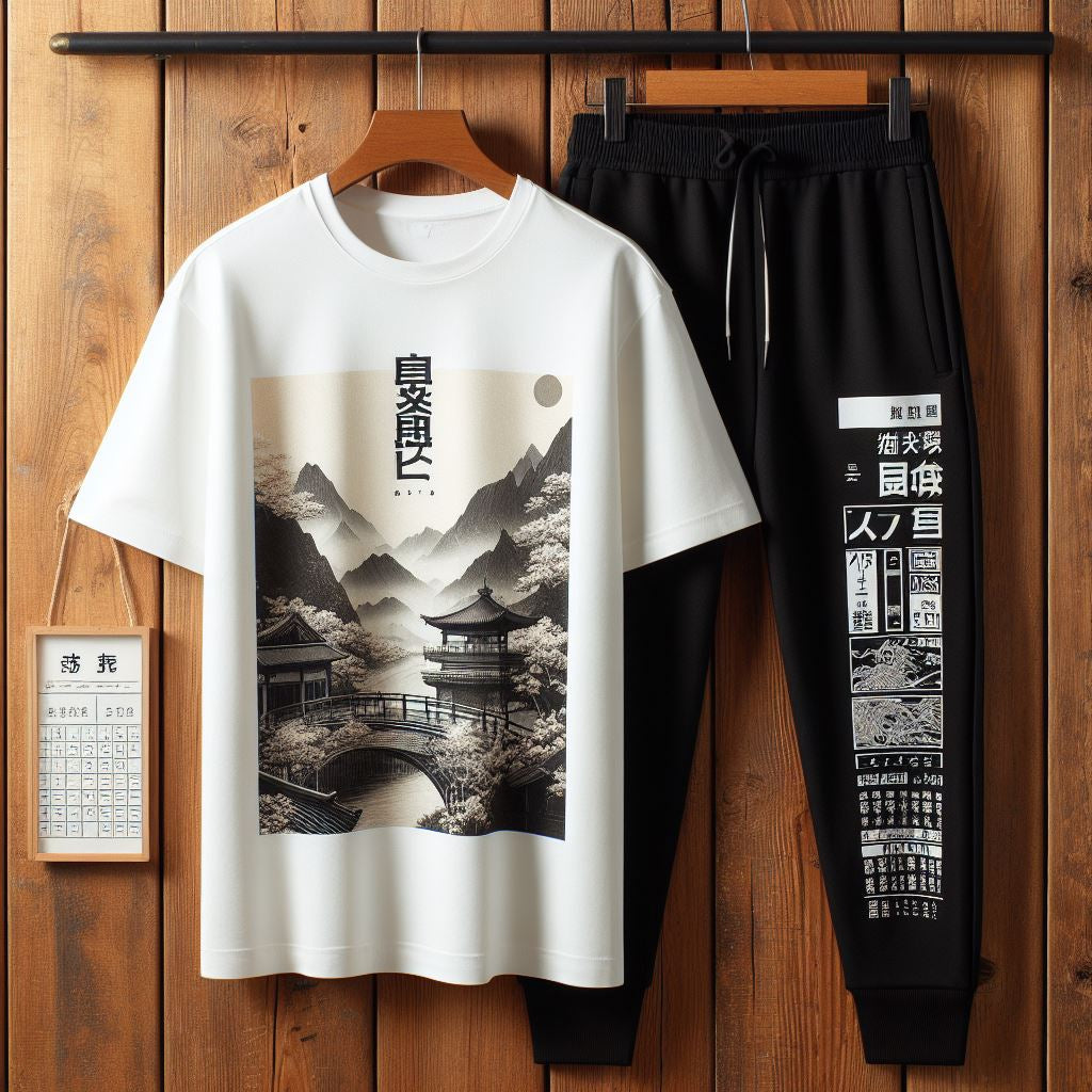 Mens Printed T-Shirt and Pants Co Ord Set GMCSPRTP7 - White Black