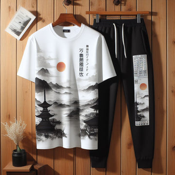 Mens Printed T-Shirt and Pants Co Ord Set GMCSPRTP1 - White Black