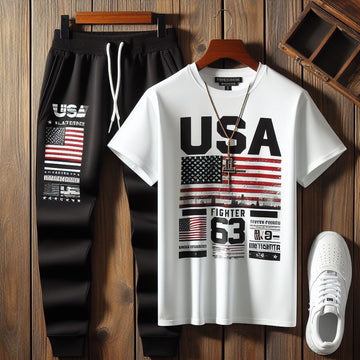 Mens Printed T-Shirt and Pants Co Ord Set GMCSPRTP2 - White Black