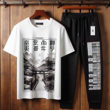 Mens Printed T-Shirt and Pants Co Ord Set GMCSPRTP6 - White Black