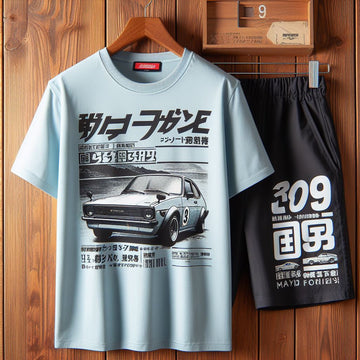 Mens Printed T-Shirt and Shorts Co Ord Set MCSPR35 - Light Blue Black