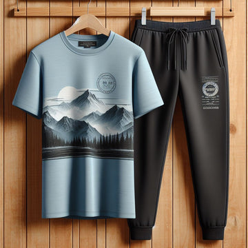 Mens Printed T-Shirt and Pants Co Ord Set GMCSPRTP14 - Light Blue Black