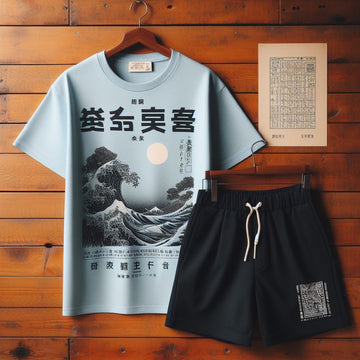 Mens Printed T-Shirt and Shorts Co Ord Set MCSPR34 - Light Blue Black