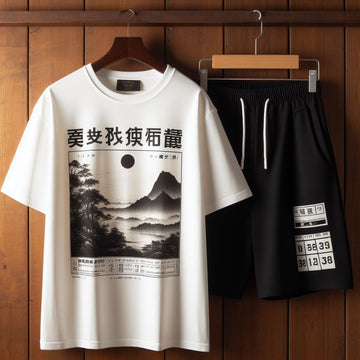 Mens Printed T-Shirt and Shorts Co Ord Set MCSPR33 - White Black