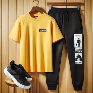 Mens Printed T-Shirt and Pants Co Ord Set GMCSPRTP8 - Yellow Black