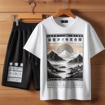 Mens Printed T-Shirt and Shorts Co Ord Set MCSPR32 - White Black