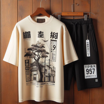 Mens Printed T-Shirt and Shorts Co Ord Set MCSPR36 - Cream Black