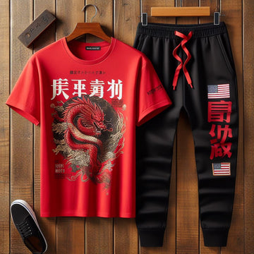 Mens Printed T-Shirt and Pants Co Ord Set GMCSPRTP13 - Red Black