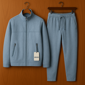 Mens Premium Chambray Denim Cotton Button Full Sleeve Jacket and Pants Set - GRVSHPS10 - Blue