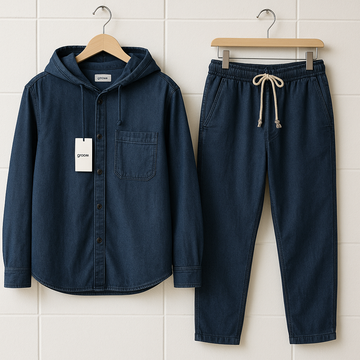 Mens Premium Chambray Hooded Denim Cotton Button Full Sleeve Shirt and Pants Set - GRVSHPS4 - Blue