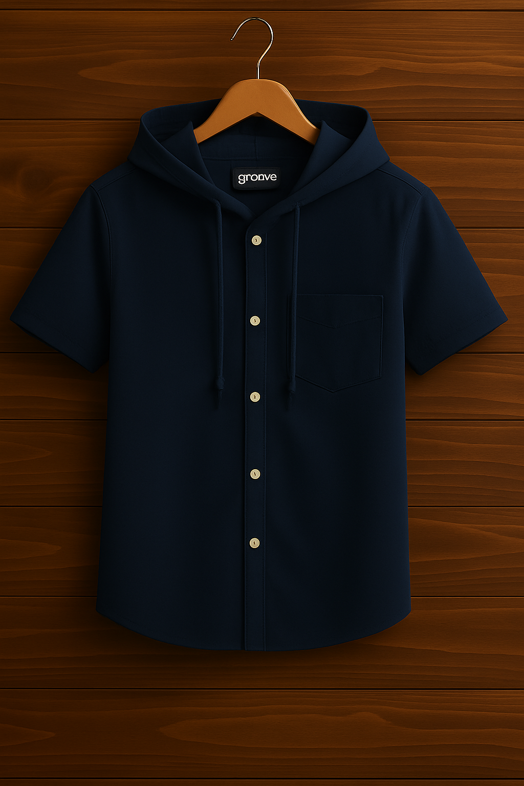 Mens Premium Cotton Hooded Button Shirt - GRVCS18 - Navy Blue