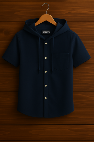 Mens Premium Cotton Hooded Button Shirt - GRVCS18 - Navy Blue
