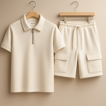 Mens Premium Polo and Cargo Shorts Co Ord Set GRMPSHO1 - Cream Cream