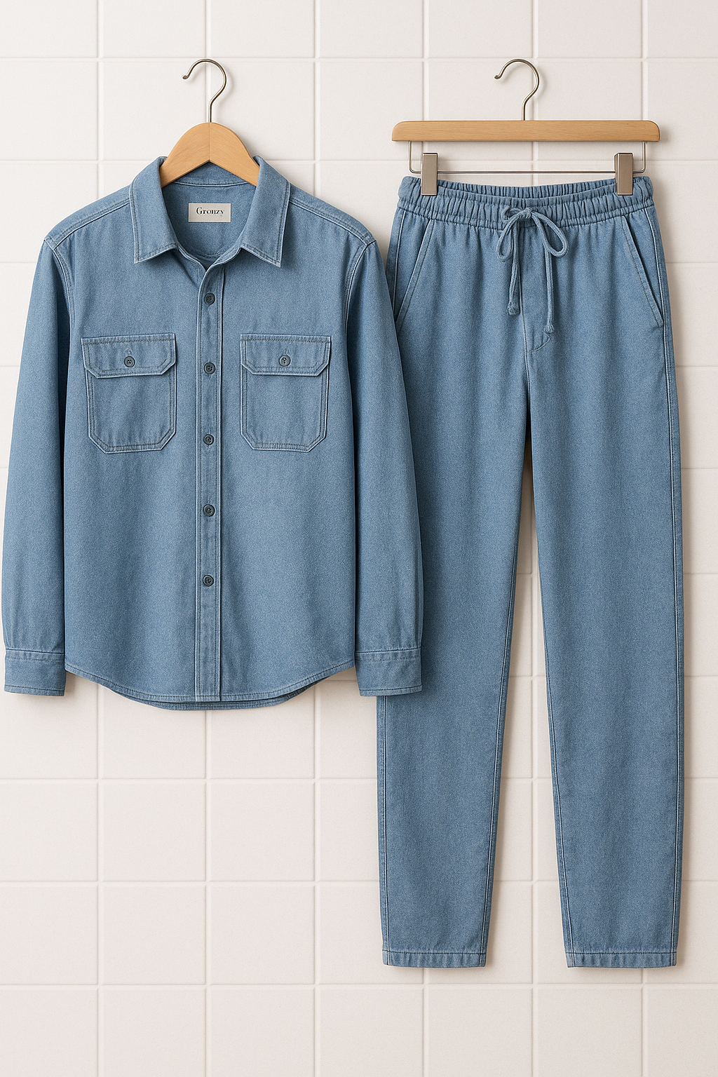 Mens Premium Chambray Denim Cotton Button Full Sleeve Shirt and Pants Set - GRVSHPS3 - Blue