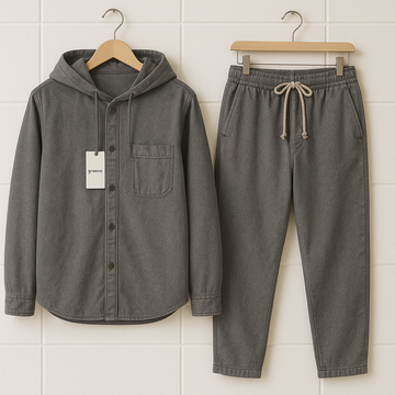 Mens Premium Chambray Hooded Denim Cotton Button Full Sleeve Shirt and Pants Set - GRVSHPS7 - Grey