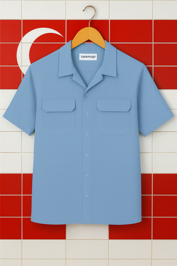 Mens Cotton Button Up Flap Pocket Shirt HATMS4 - Light Blue