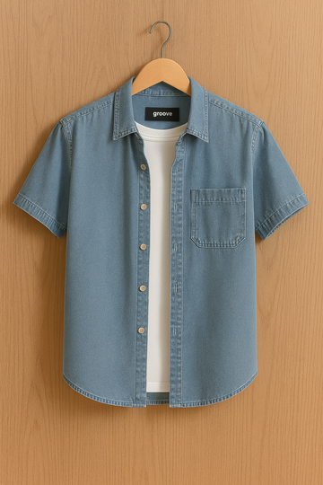 Mens Premium Chambray Cotton Button Shirt - GRVCS34 - Blue