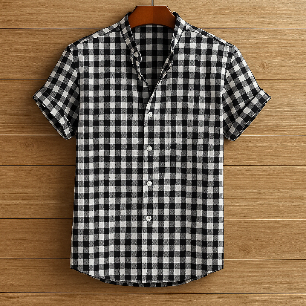 Mens Premium Cotton Rich Button Shirt - GRVCS2 - Black White Check