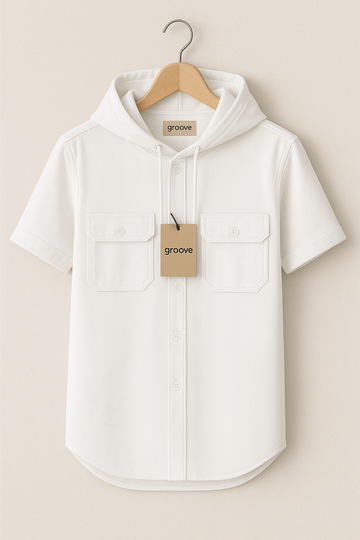Mens Premium Cotton Hooded Button Shirt - GRVCS20 - White