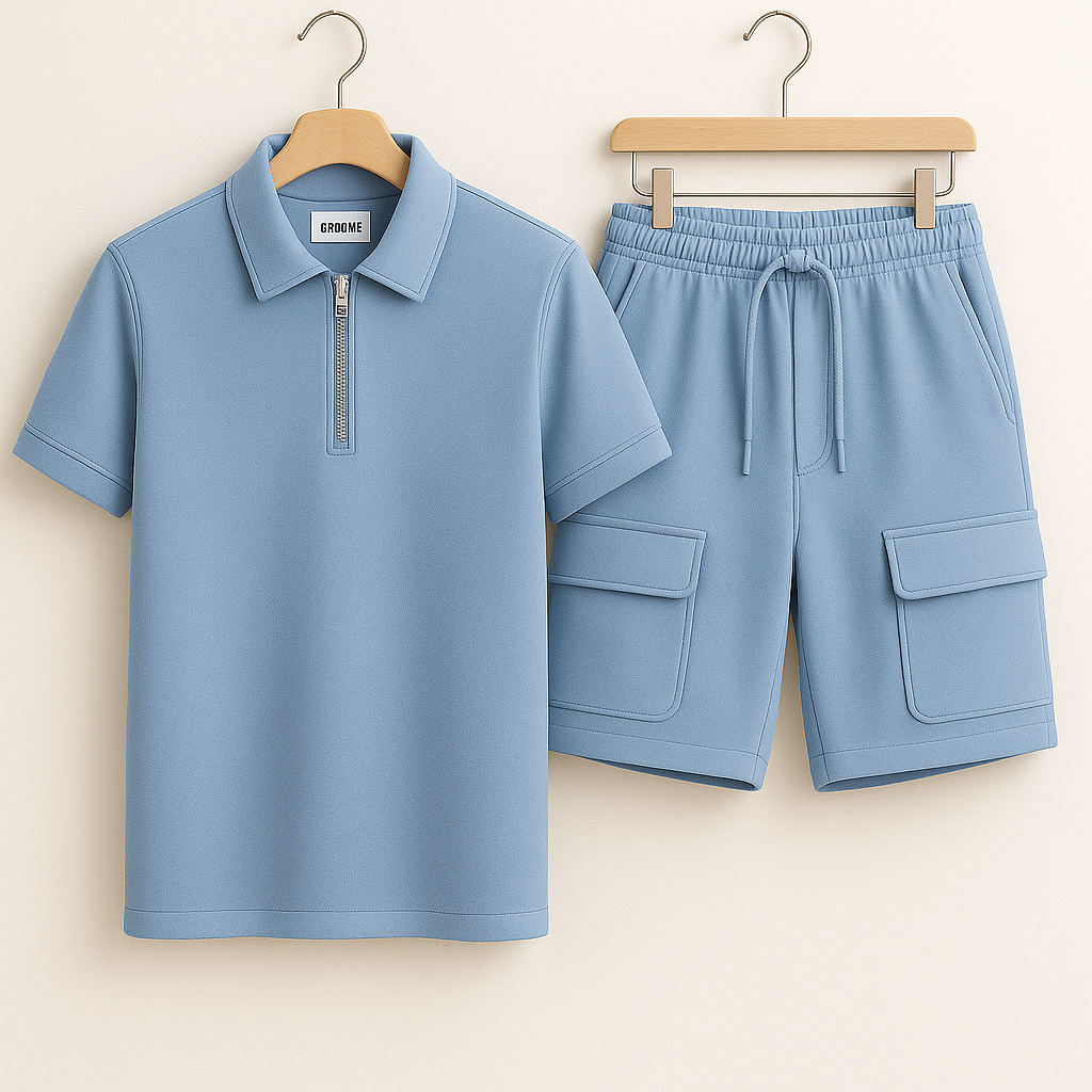 Mens Premium Polo and Cargo Shorts Co Ord Set GRMPSHO1 - Light Blue Light Blue