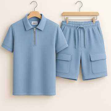 Mens Premium Polo and Cargo Shorts Co Ord Set GRMPSHO1 - Light Blue Light Blue