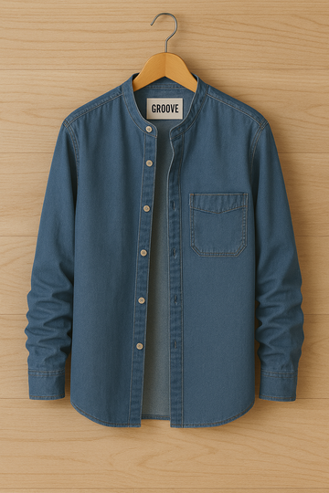 Mens Premium Chambray Cotton Button  Full Sleeve Shirt - GRVCS38 - Blue
