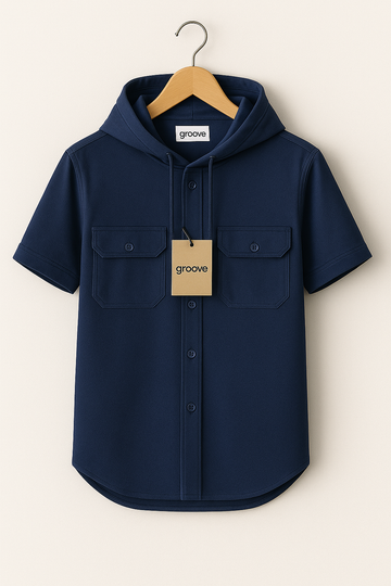 Mens Premium Cotton Hooded Button Shirt - GRVCS20 - Navy Blue