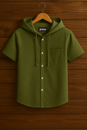 Mens Premium Cotton Hooded Button Shirt - GRVCS18 - Olive Green