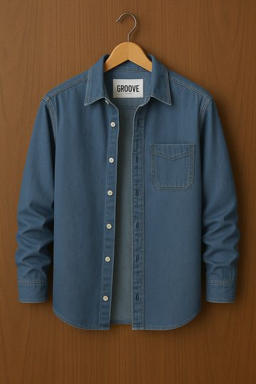 Mens Premium Chambray Cotton Button  Full Sleeve Shirt - GRVCS37 - Blue