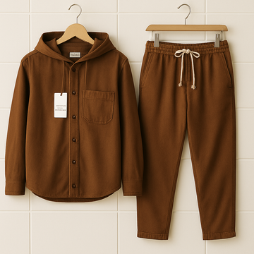 Mens Premium Hooded Cotton Button Full Sleeve Shirt and Pants Set - GRVSHPS5 - Brown