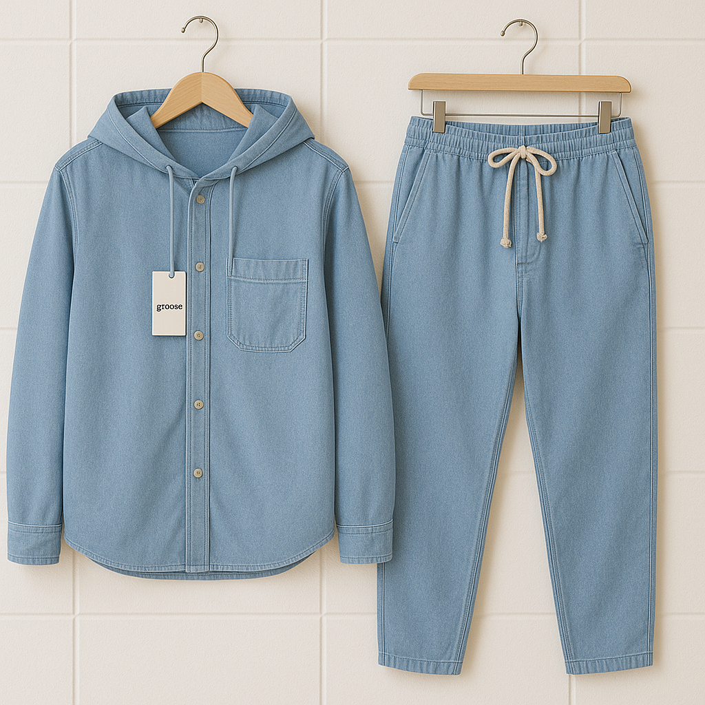 Mens Premium Chambray Hooded Denim Cotton Button Full Sleeve Shirt and Pants Set - GRVSHPS6 - Blue