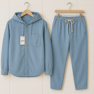 Mens Premium Chambray Hooded Denim Cotton Button Full Sleeve Shirt and Pants Set - GRVSHPS6 - Blue