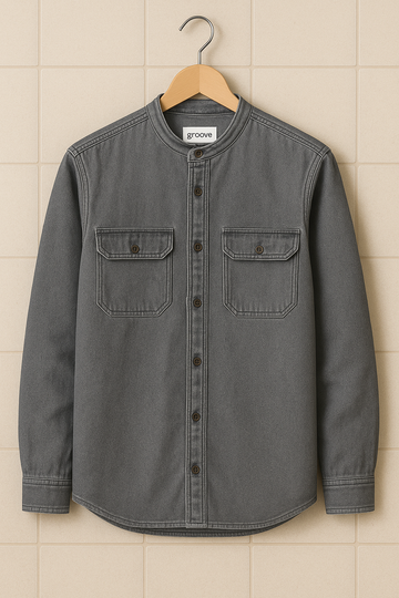 Mens Premium Chambray Cotton Button  Full Sleeve Shirt - GRVCS41 - Grey