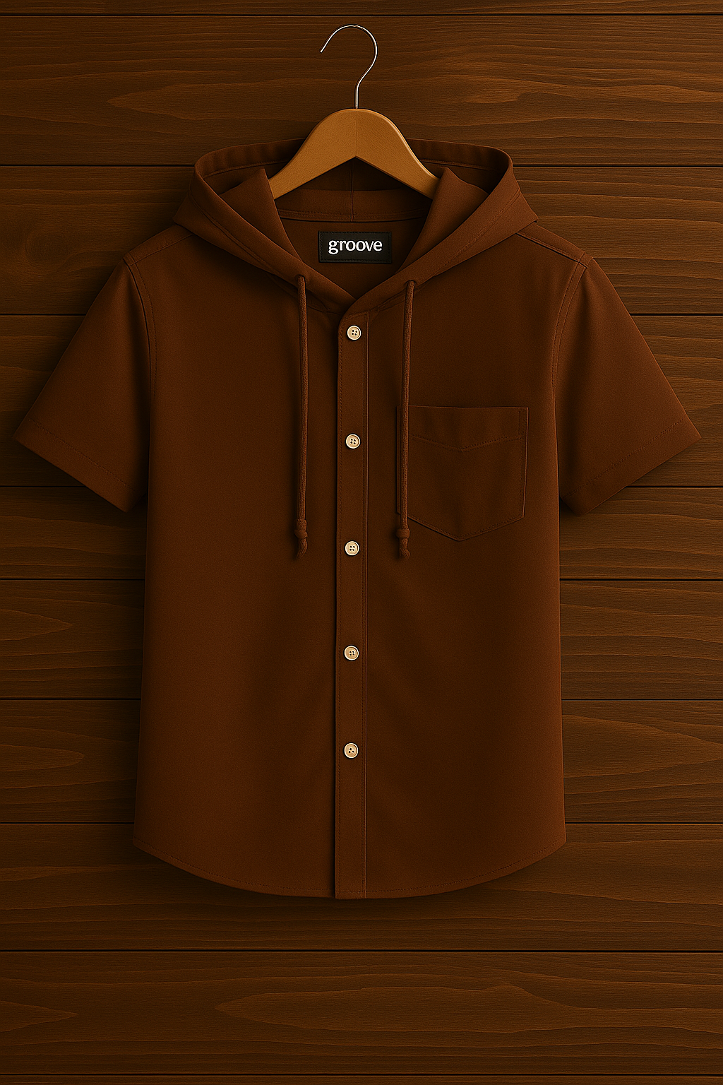 Mens Premium Cotton Hooded Button Shirt - GRVCS18 - Brown