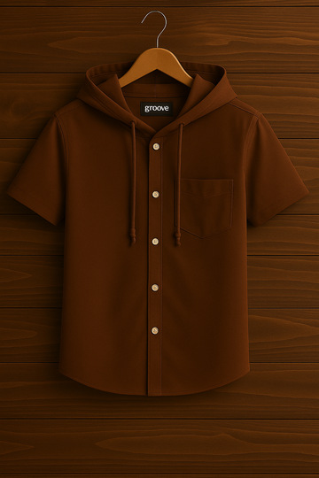 Mens Premium Cotton Hooded Button Shirt - GRVCS18 - Brown