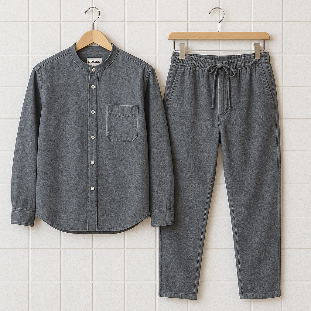 Mens Premium Chambray Denim Cotton Button Full Sleeve Shirt and Pants Set - GRVSHPS1 - Grey