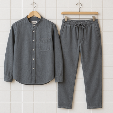 Mens Premium Chambray Denim Cotton Button Full Sleeve Shirt and Pants Set - GRVSHPS1 - Grey