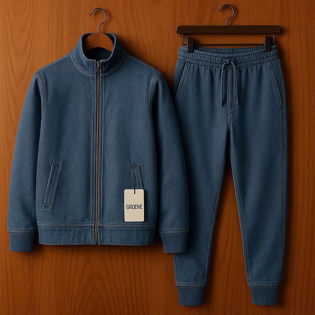 Mens Premium Chambray Denim Cotton Button Full Sleeve Jacket and Pants Set - GRVSHPS11 - Blue