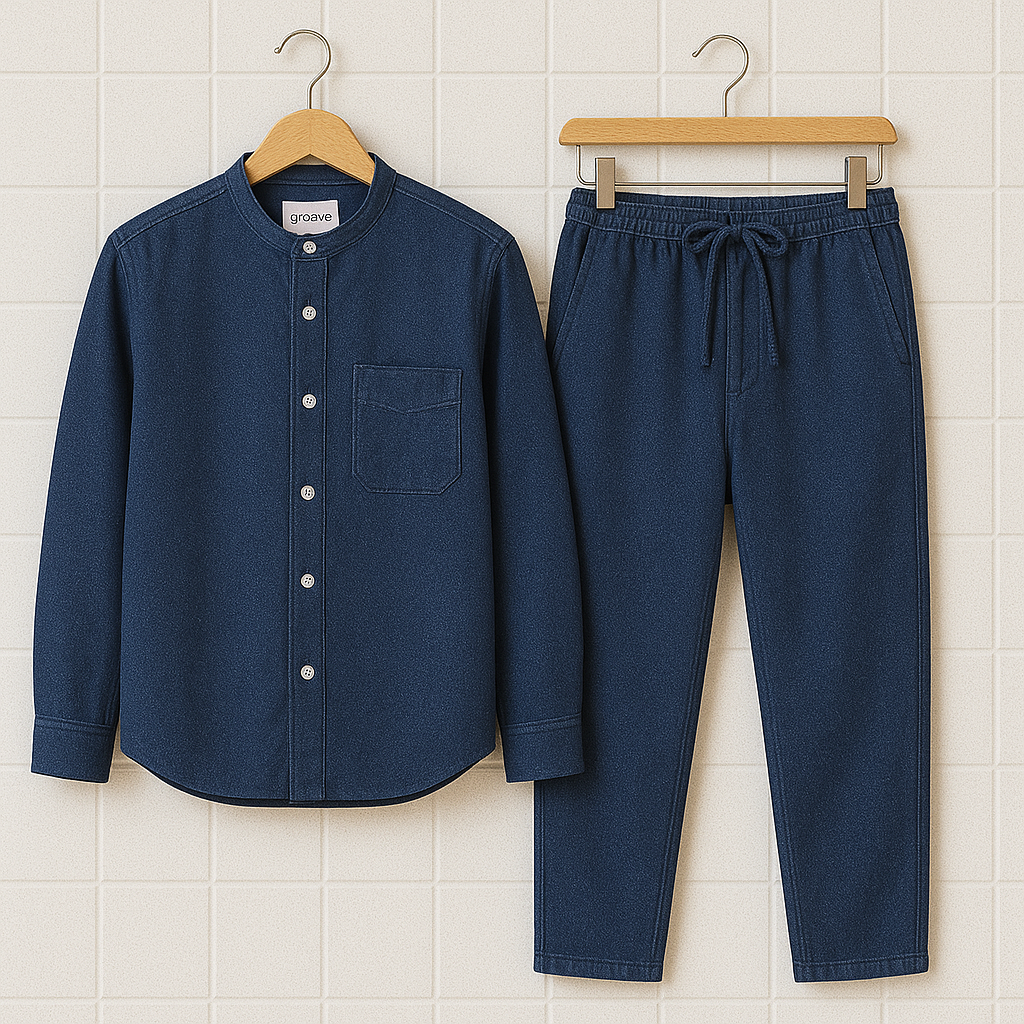 Mens Premium Chambray Denim Cotton Button Full Sleeve Shirt and Pants Set - GRVSHPS2 - Blue