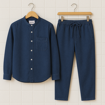 Mens Premium Chambray Denim Cotton Button Full Sleeve Shirt and Pants Set - GRVSHPS2 - Blue