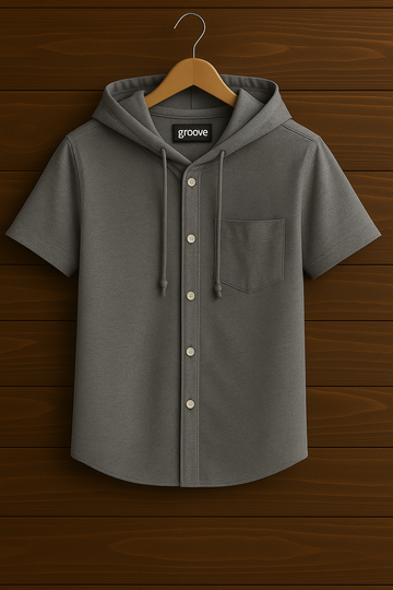 Mens Premium Cotton Hooded Button Shirt - GRVCS18 - Grey