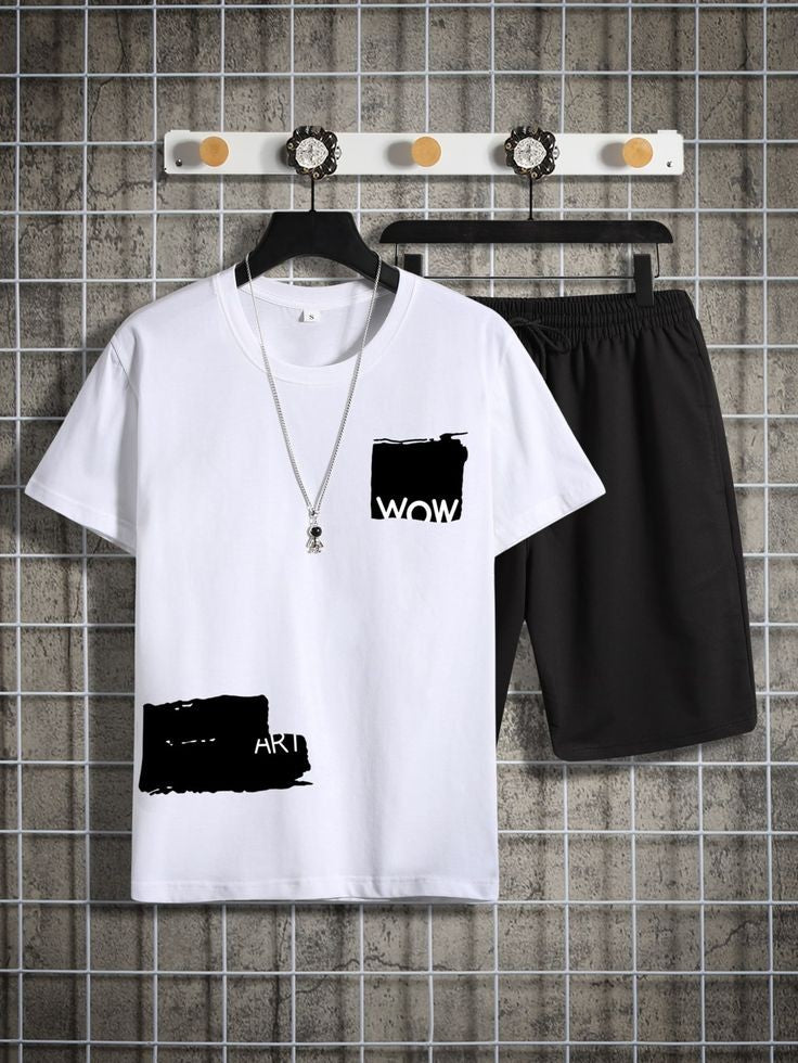 Mens Printed T-Shirt and Shorts Co Ord Set MCSPR26 - White Black