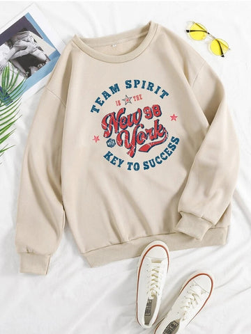 Groove Round Neck Printed Fleece Sweatshirt APRIN34 - Cream