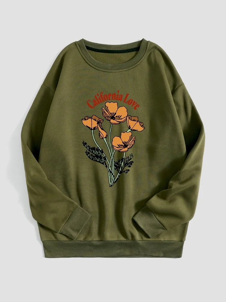 Groove Round Neck Printed Fleece Sweatshirt APRIN40 - Khaki Green