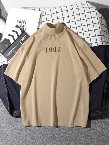 Mens Mock Neck Cotton Printed T-Shirt - GRMPR48 - Cream