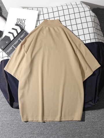 Mens Mock Neck Cotton Printed T-Shirt - GRMPR48 - Cream